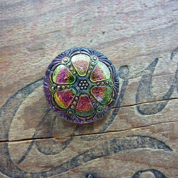 Button Czech Glass Decorative Button Green Pink Iris