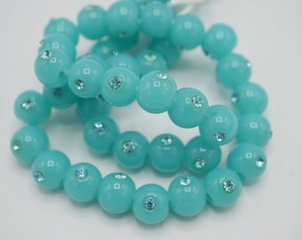 Blue Acrylic Beads 10mm With Blue Rhinestones Lightweight Beads Rhinestone Accent (12 beads ) D82