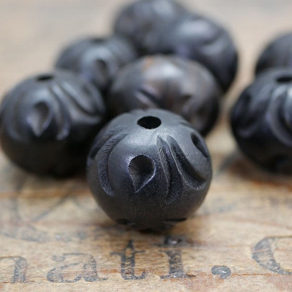 Ebony Wood Bead Carved Wood Bead Large Wood Bead Vintage India Old Stock Wood Beads (2 beads) GD34