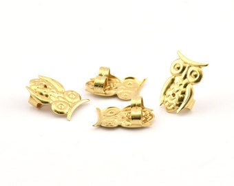 2 Patina Raw Brass Owl with Top Hat Stamping 68mm