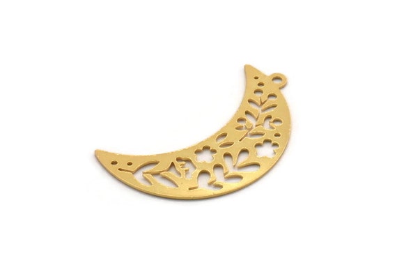Gold Moon Charm, 4 Gold Plated Brass Patterned Crescent Moon