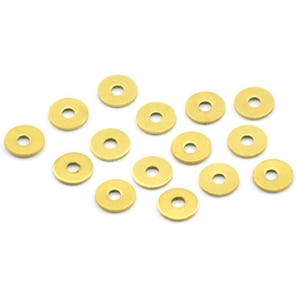 May include: A collection of 15 gold-colored metal washers. The washers are arranged in a random pattern on a white background.