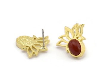 Brass Flower Earring, 4 Raw Brass Lotus Flower Stud Earrings With 1 Oval Shaped Stone - Pad Size 8x6mm N2086
