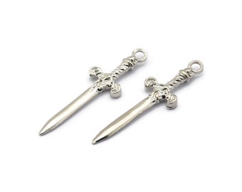 Knight's Sword Pendant, 4 Silver Tone Brass Sword Charms (36x10mm) N0248 H1208