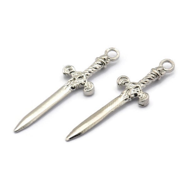 Knight's Sword Pendant, 4 Silver Tone Brass Sword Charms (36x10mm) N0248 H1208