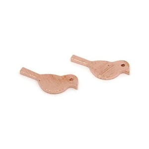 Peut inclure: Deux petits breloques en forme d'oiseau de couleur cuivre. Chaque breloque a un petit trou près de la tête et une queue. Les breloques sont sur fond blanc.