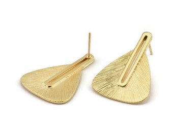 Gold Earring Post, 2 Posts Gold Plated Brass Textured Earrings (33x24x1mm) N1161