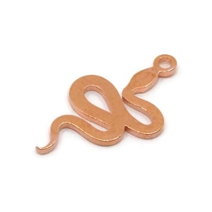 May include: A copper-coloured snake charm with a loop at the top for attaching to jewellery. The charm is in the shape of a stylised snake, with a curved body and a raised head. The charm is made of metal.