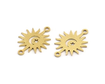 Brass Sun Connector, 24 Raw Brass Crescent Moon And Star Patterned Sun Shaped Connectors With 2 Loops, Charm Pendants (17x12x0.60mm) A4089
