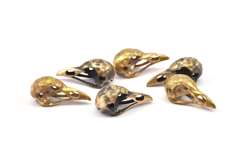 May include: Six small, gold-colored bird skulls with black accents. The skulls are hollow and have a detailed, realistic design.