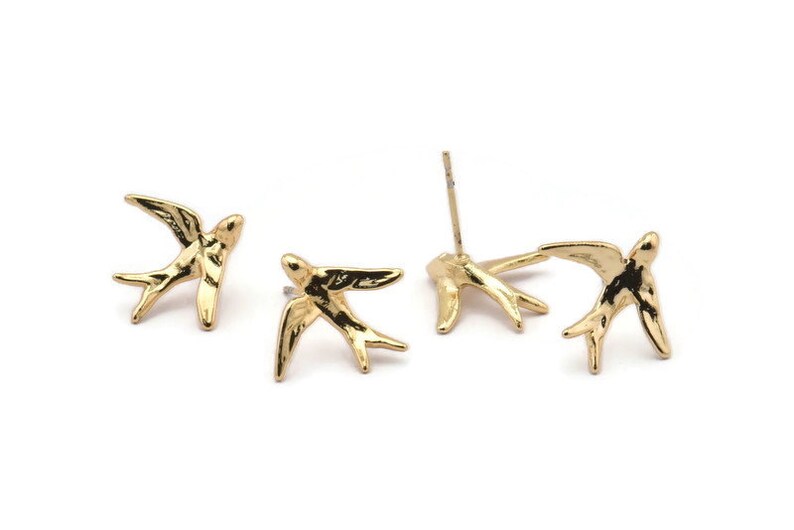Gold Bird Earring 4 Gold Plated Brass Bird Stud Earrings N1202 16x18mm