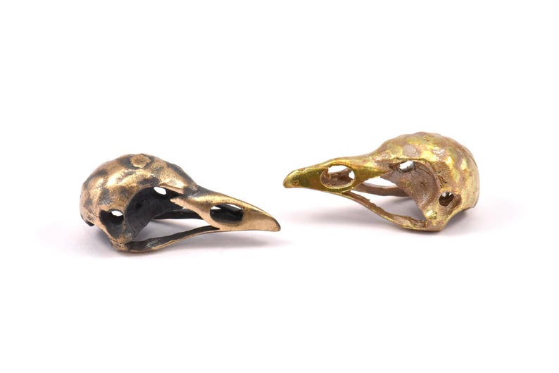 May include: Two small bird skull charms, one with a gold finish and the other with a black finish.