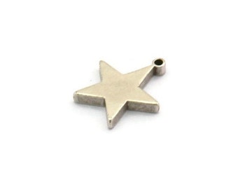 Silver Brass Star, 6 Antique Silver Plated Brass Flat Star Tags With 1 Loop (14x12.5mm) BS 1721