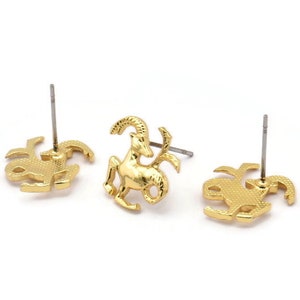 Gold Capricorn Earring, 4 Gold Plated Brass Capricorn Sign Stud Earrings, Zodiac Earring Findings, Zodiac Sign Jewelries 14x12mm SY0287 image 2