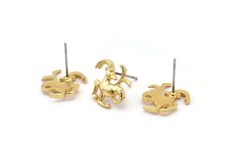 Gold Capricorn Earring, 4 Gold Plated Brass Capricorn Sign Stud Earrings, Zodiac Earring Findings, Zodiac Sign Jewelries 14x12mm SY0287 image 2