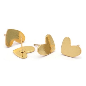 Gold Heart Earring, 4 Gold Plated Brass Heart Stud Earrings (14x11x1mm) M854 A2238 Q1087