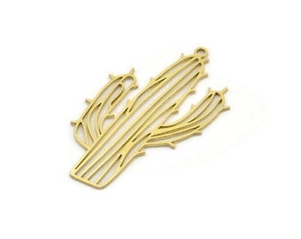 Brass Cactus Charm, 12 Raw Brass Cactus Shaped Charms With 1 Loop, Pendant Findings, Earring Charms (39x23x0.60mm) A3251