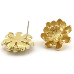 Brass Flower Earring, 2 Raw Brass Flower Stud Earrings With 1 Loop (18mm) N1192