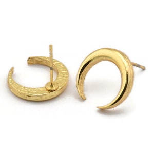 Gold Moon Earring, 2 Gold Plated Brass Crescent Moon Stud Earrings (14x3x2mm) N1598