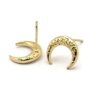 Gold Moon Earring, 4 Textured Gold Plated Brass Horn Stud Earrings, Jewelry Finding (12x3.50x3mm) N0303 A1193