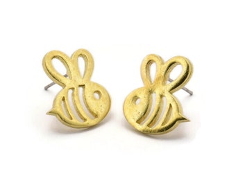 Brass Bee Earring, 4 Raw Brass Bee Stud Earrings (17x15x1.2mm) N1745