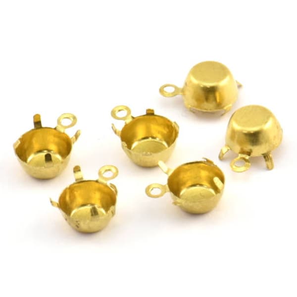 Round Prong Setting, 50 Raw Brass Round 1 Loop, 4 Prong Settings for SS38 6.5mm/5.2mm Rhinestones Y129