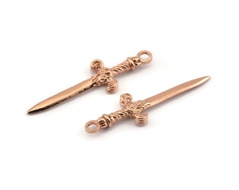 Wisiorek Miecz Rycerski, 3 zawieszki Miecz Mosiężny Pozłacany Różą (36 x 10 mm) N0248 Q0504