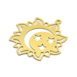 Brass Flower Charm, 4 Raw Brass Crescent Moon And Star Patterned Sunflower Shaped Charms With 1 Loop, Earring Charms (34x32x0.60mm) A6759