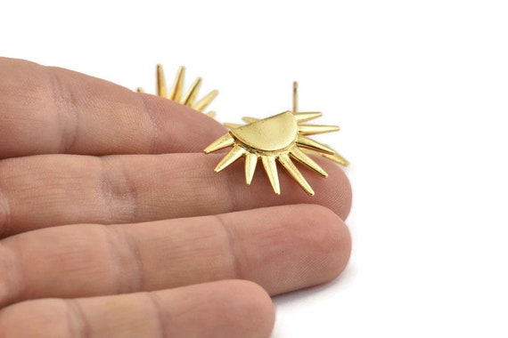 Gold Sun Earring, 2 Gold Plated Brass Sunshine Stud Earrings