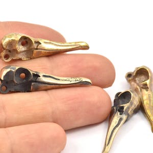 Op de afbeelding: Close-up van verschillende messing vogel schedel hangers. De schedels hebben gedetailleerde kenmerken, waaronder oogkassen en snavels. De hangers bevinden zich in verschillende stadia van oxidatie, waarbij sommige donkerder lijken. De achtergrond is wit.