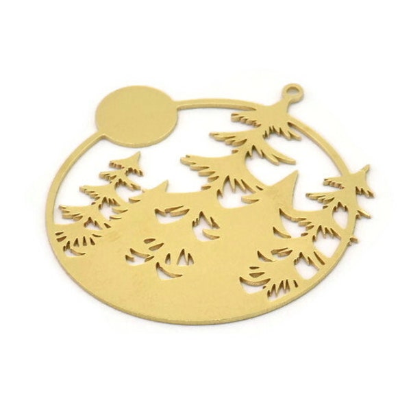 Brass Landscape Charm, 2 Raw Brass Sun And Tree Charms With 1 Loop, Round Charms, Findings (40x38x0.60mm) SMP1063