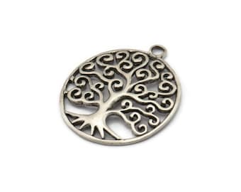 Silver Tree Charm, 2 Antique Silver Plated Brass Tree Pendants With 1 Loop, Findings (30x26mm) N1335