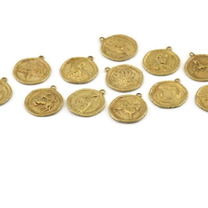 Znaki zodiaku z mosiądzu, Wszystkie 12 znaków zodiaku, Zawieszki ze znakami zodiaku, Surowy mosiądz, Zawieszki horoskopowe, Zawieszki ze znakami zodiaku astrologicznego (17 x 20 mm) F-88