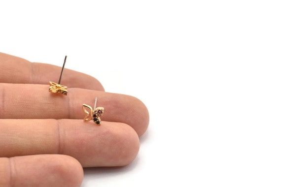 Gold Butterfly Earring, 4 Gold Plated Brass Butterfly Stud