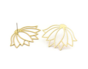Brass Lotus Earring, 8 Raw Brass Lotus Flower Stud Earrings (34x24x0.60mm) A3314