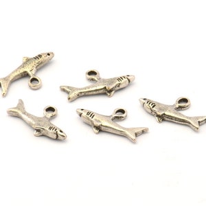 Silver Shark Charm, 6 Antique Silver Plated Brass Fish Charm Earrings With 1 Loop, Pendants, Findings (19x10mm) N0894