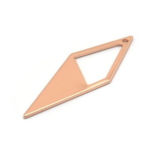 May include: A rose gold metal pendant shaped like a diamond with a smaller diamond cut out in the centre.
