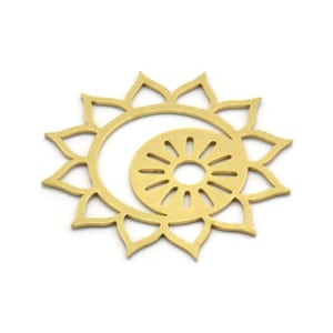 Brass Moon Charm, 4 Raw Brass Crescent Moon And Sunshine Shaped Charms, Flower Charms, Findings (32x31x0.60mm) A6410