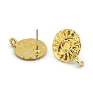 Gold Round Earring, 2 Gold Plated Brass Eye Shaped Round Stud Earrings With 1 Loop (17x14x1.5mm) N1850