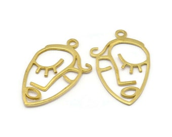 Brass Face Charm, 4 Raw Brass Face Shape Charms With 1 Loop, Pendants, Earrings, Findings (43x25x1mm) E650