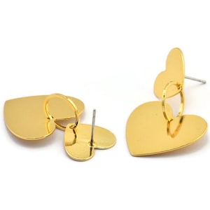 Gold Heart Earring, 2 Gold Plated Brass Heart Shaped Stud Earrings (36x22mm) SY0324