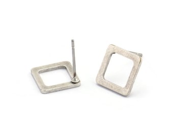 Silver Square Earring, 10 Antique Silver Plated Brass Square Stud Earrings (10x0.80mm) Y115 A1816