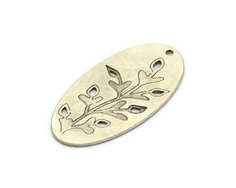 Silver Flower Charm, 4 Antique Silver Plated Brass Flower Patterned Oval Shaped Charms With 1 Hole, Findings (35x18x0.60mm) A4567