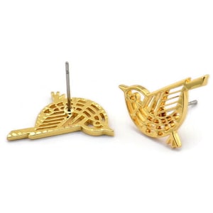 Gold Bird Earring, 2 Gold Plated Brass Bird Stud Earrings (13x20x1.3mm) N1755 Q0482