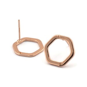 Rose Gold Hexagon Earring, 4 Rose Gold Plated Brass Hexagon Stud Earrings (14x2x1mm) D0082 A1151 Q1024