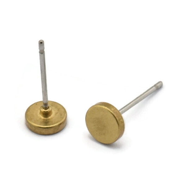 Brass Round Earring, 12 Raw Brass Round Stud Earrings (6mm) D1451