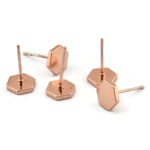 Rose Gold Hexagon Earring, 6 Rose Gold Plated Brass Hexagon Stud Earrings (8mm) D1460