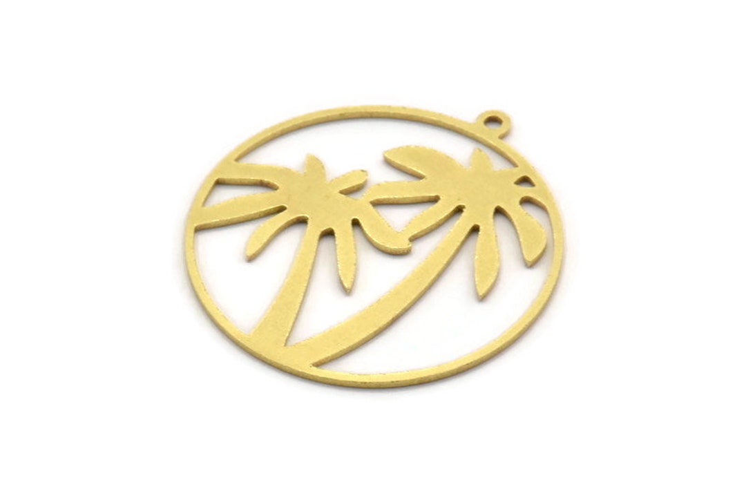 Brass Round Charm, 6 Raw Brass Palm Tree Patterned Round