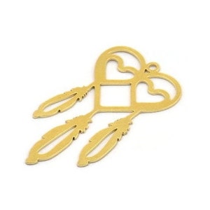 Brass Heart Charm, 12 Raw Brass Heart And Wings Charms With 1 Hole (39x21x0.60mm) A4659
