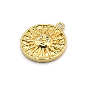 Gold Sun Charm, 2 Gold Plated Brass Sun Charms With 1 Loop, CZ Pave Charms, Zircon Sun Charms (22x18mm) SY0307